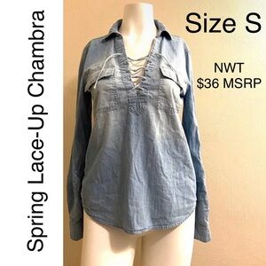 5/$15💥 Denim Shirt Top lace Up Chambra Fall Spring Casual Tunic